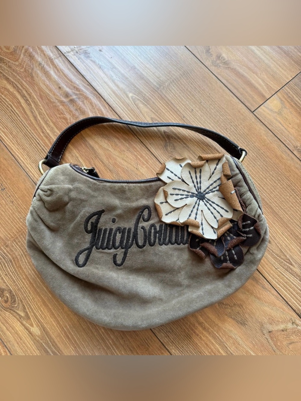 Y2K Juicy Couture Brown Suede Shoulder Bag with Floral Accent